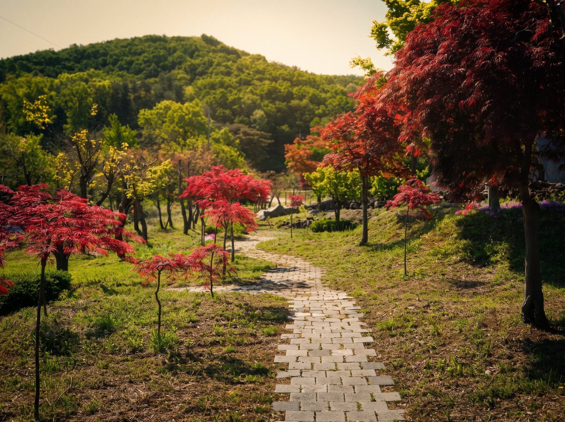 아침 햇살이 비치는 산책길